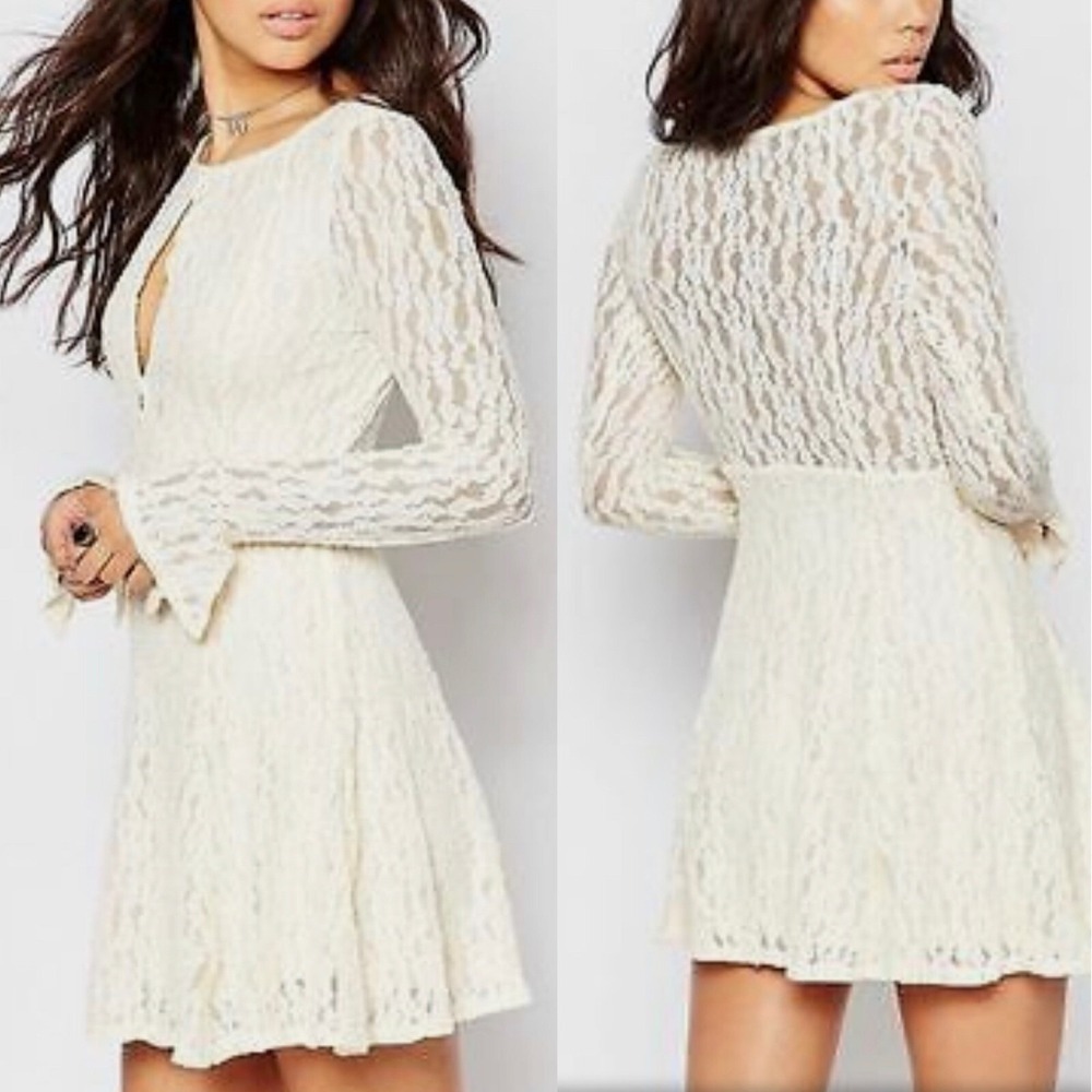 NWT‎ Free People Teen Which Shearling Ivory Lace Keyhole Longsleeve Dress Size S